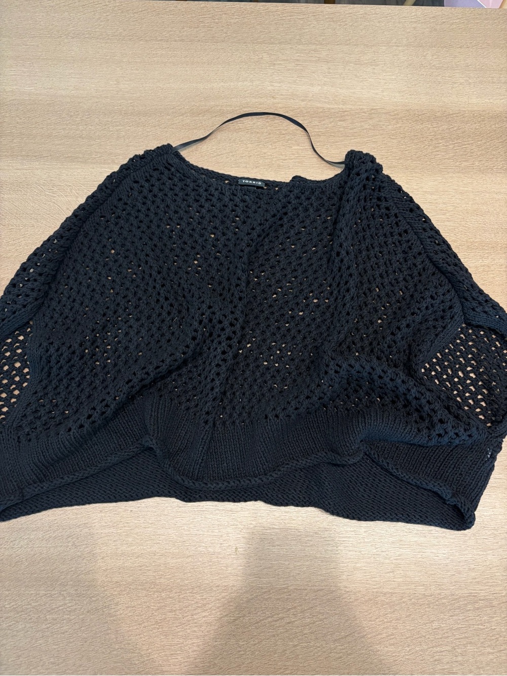 torrid Black Open-Knit Cropped Crew Sweater